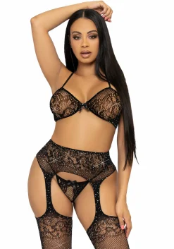 BH-top, string en kousen - Zwart