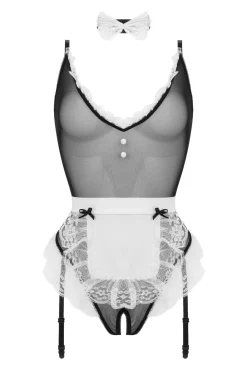 Christine - Maid Open Kruis Kostuum - Zwart/Wit