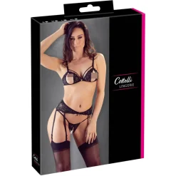 Cottelli Collection - 3-Delige Jarretelset Met Open Cup & Open Kruis