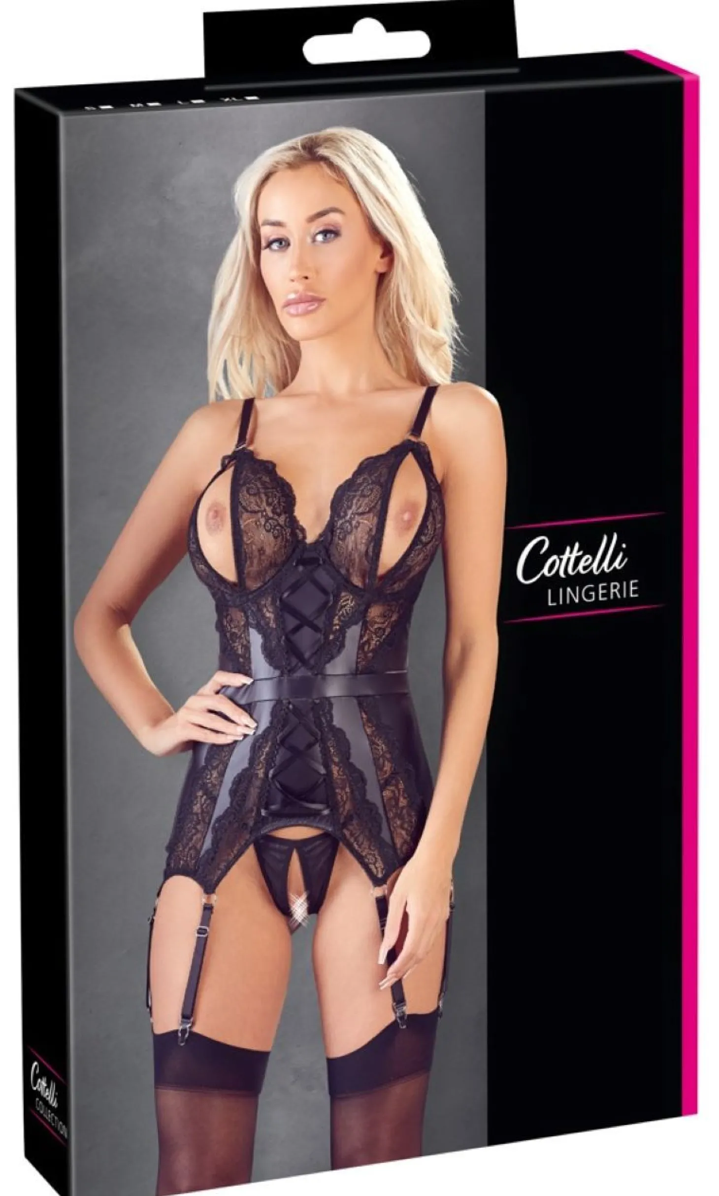 Jarretel-set met open cups - zwart
