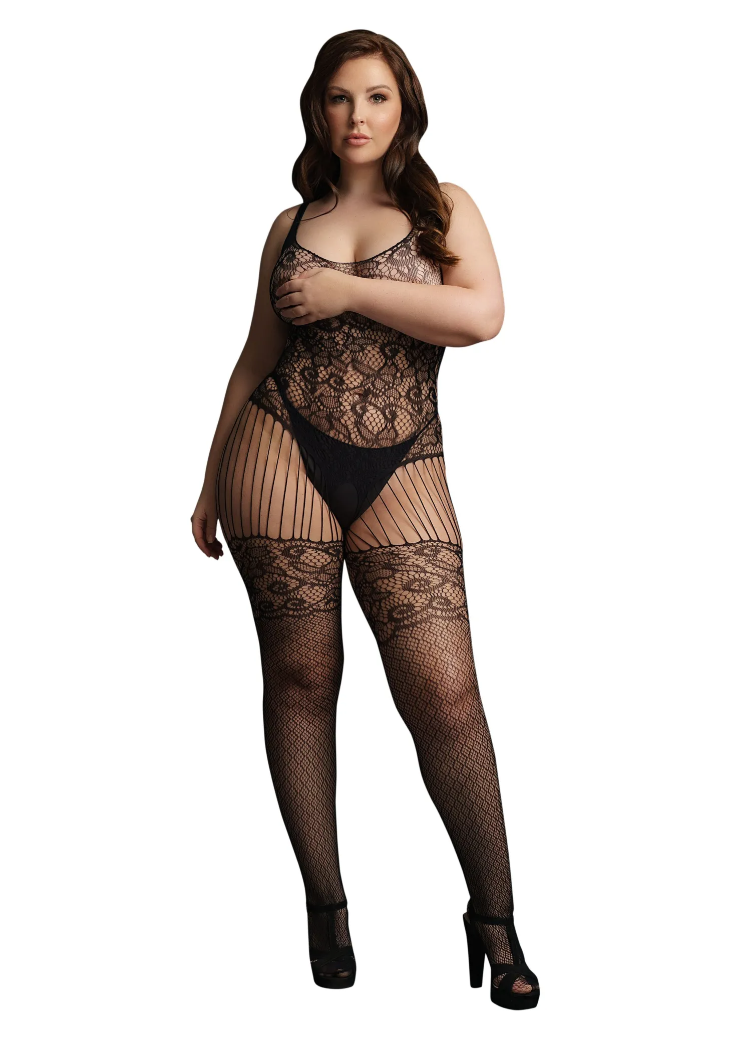 Le Désir - Kant en Visnet Bodystocking - Zwart