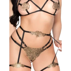 Leg Avenue – Applique Bra, Pearl G-String & Harness – Zwart