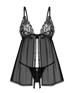 Obsessive - Blomentis Babydoll en String - Zwart